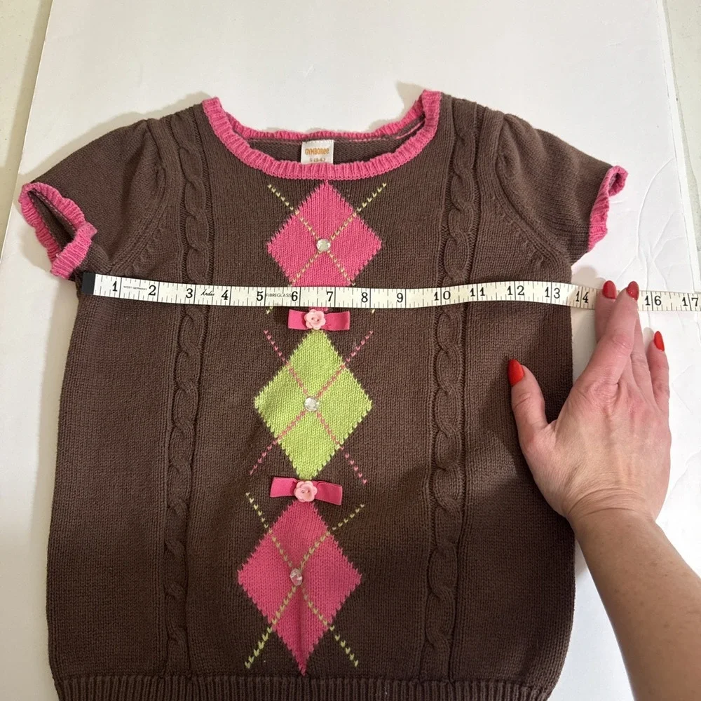 Vintage Gymboree Girl's Gem Bow Argyle Short Sleeve‎ Sweater Equestrian Size 5-6